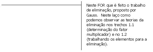 Texto explicativo 3 (ênfase): Neste FOR que é feito o trabalho de eliminação, proposto por Gauss. Neste laço como podemos observar as teorias da eliminação nos trechos 1.1
(determinação do fator multiplicador) e no 1.2 (trabalhando os elementos para a eliminação).