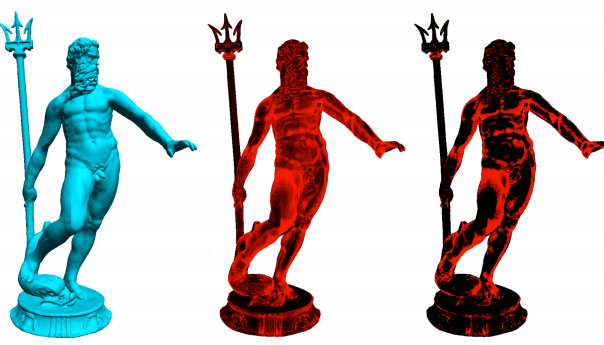 Three views of the same trident-bearing statue: a cyan surface, a red surface with dark patches, and a mostly black surface with red regions.