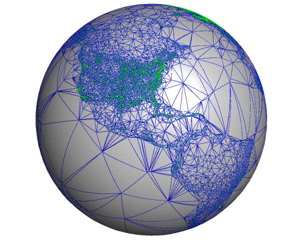 Gray globe facing the Americas, covered with blue triangular edges and green points. The mesh is denser over the continents than over the oceans.