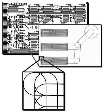Circuit layout with two magnified insets showing rounded tracks, overlapping circles, and circular-arc junctions.