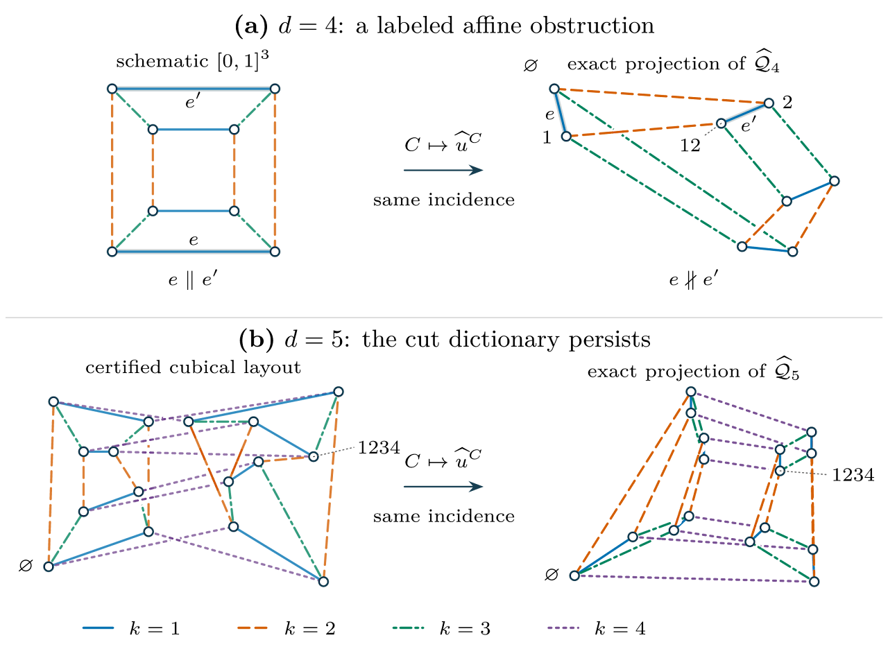 Cubical graphs and projections of deficit polytopes. For d = 4, the highlighted parallel cube edges have nonparallel images. For d = 5, the cut correspondence preserves the graph with 16 vertices and 32 edges. Colors and line styles identify the cuts.